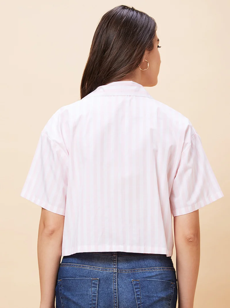 globus Women White & Pink Striped Pure Cotton Shirt Style Crop Top