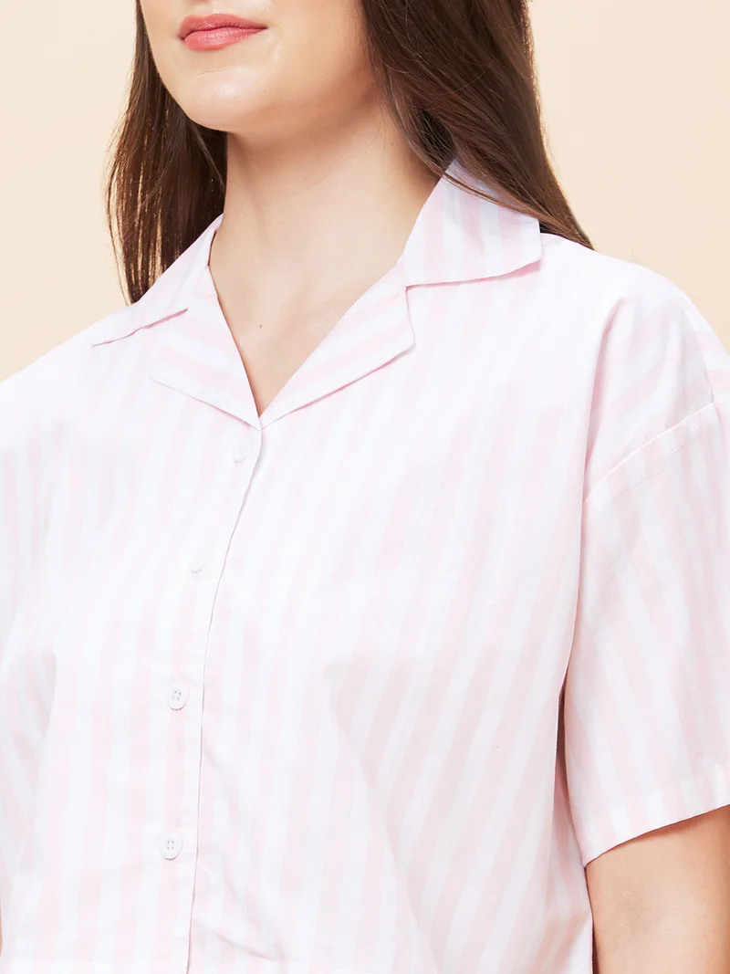 globus Women White & Pink Striped Pure Cotton Shirt Style Crop Top