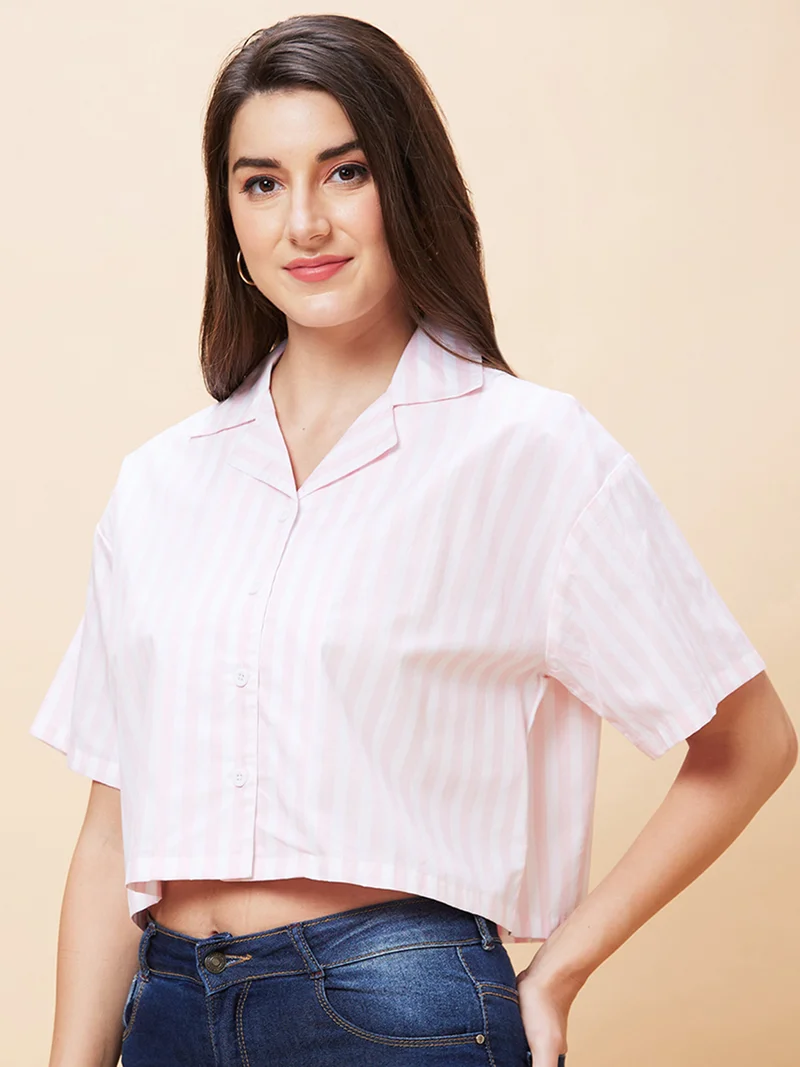 globus Women White & Pink Striped Pure Cotton Shirt Style Crop Top