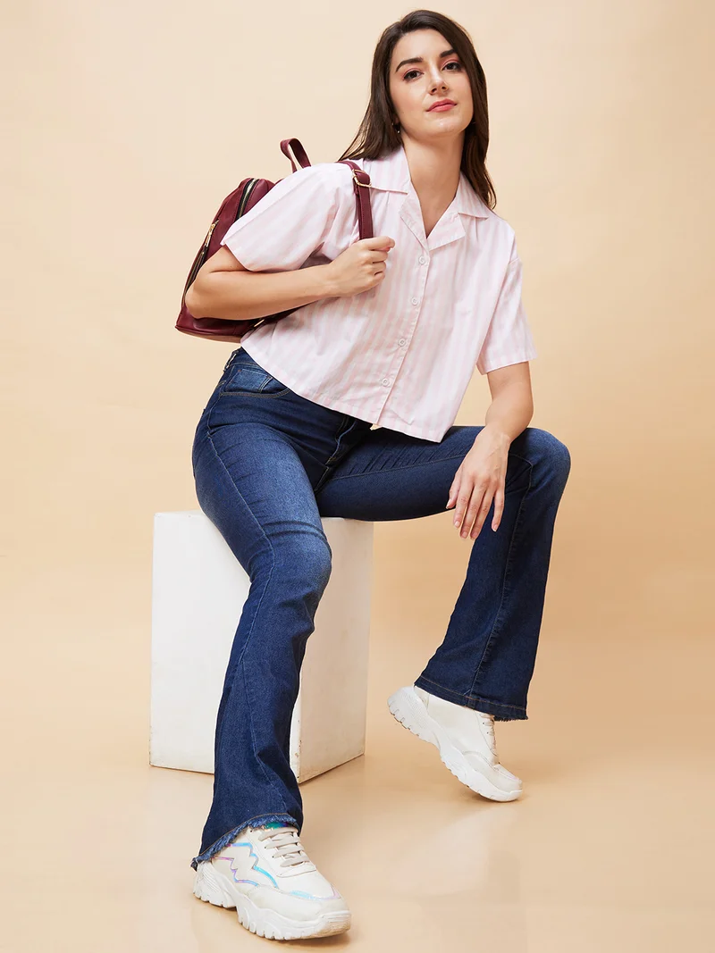globus Women White & Pink Striped Pure Cotton Shirt Style Crop Top