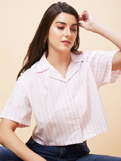 globus Women White & Pink Striped Pure Cotton Shirt Style Crop Top