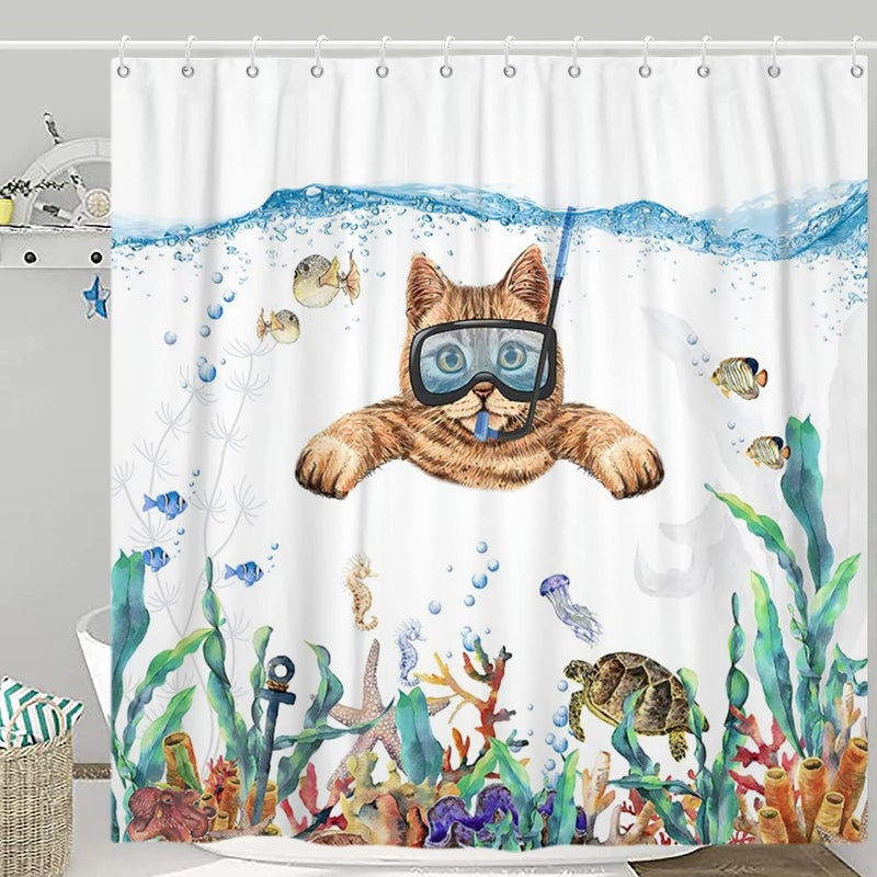 Funny Cat Shower Curtain Cute Kitten Swimming in Teal Blue Ocean Sea Turtle Tropical Fish Jellyfish Starfish Coral Bathroom Curtain Kid Bathtub Decor Waterproof Machine Fabric Washable with Hooks