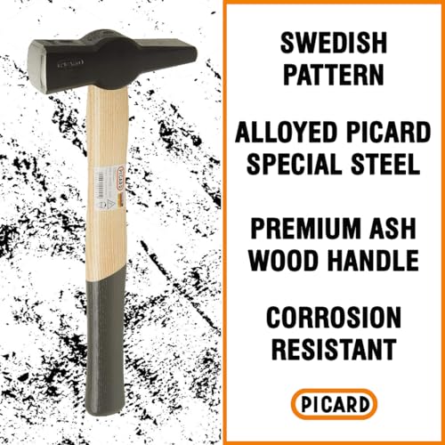 Picard Blacksmith Hammer 1000g Swedish Pattern Cross Peen Hammer Forged Alloyed Steel Head Chamfered Edges Black Powder Coated Dual Curved Ash Handle 00008111000 - Image 3
