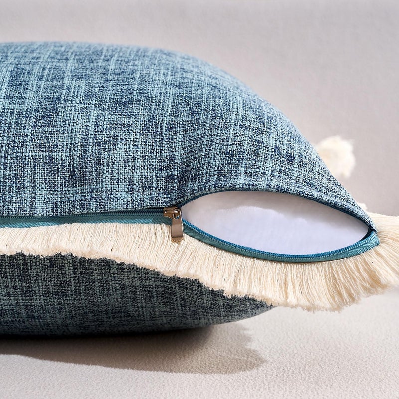 KWLET Boho Throw Pillow Covers Decorative Linen Fringe Pillowcase 16x16 Farmhouse Pillow Covers with Tassels Soft Accent Pillowcase for Couch Sofa Bed Living Room Home Decor Blue Gray - Image 4