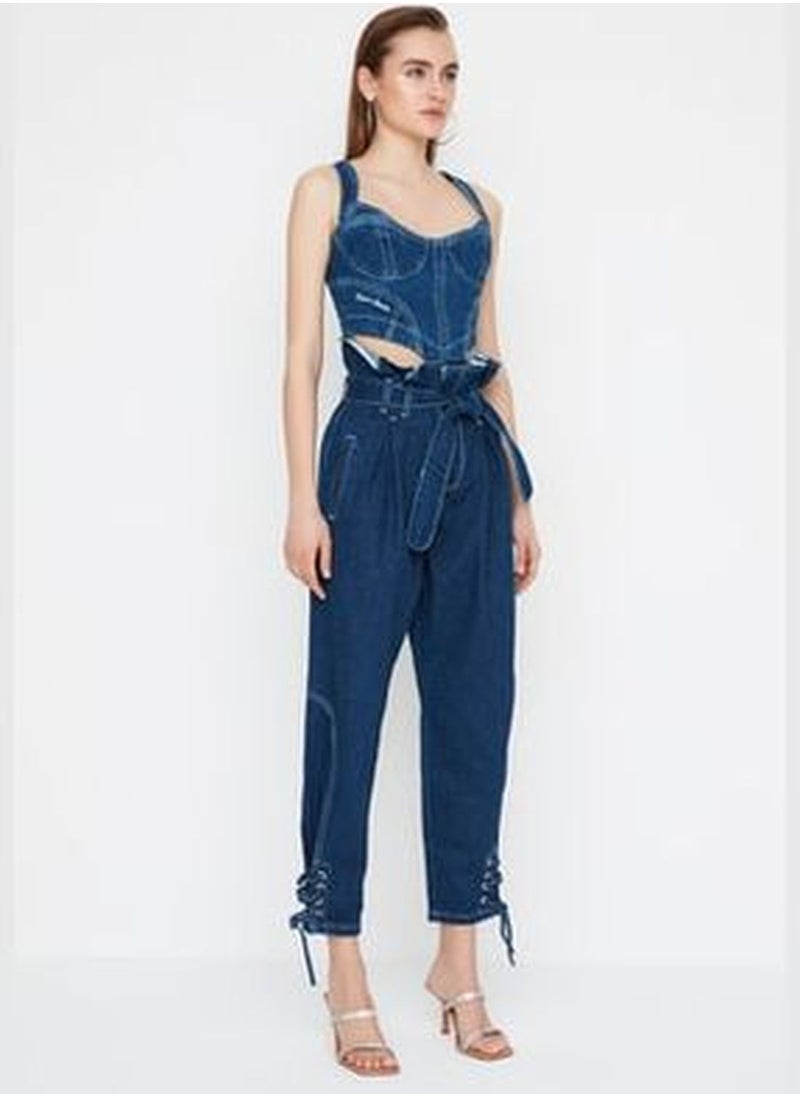 trendyol X Sagaza Studio Navy Blue Belted Ruffle Detailed Jeans TPRAW22PL0596  - Image 3