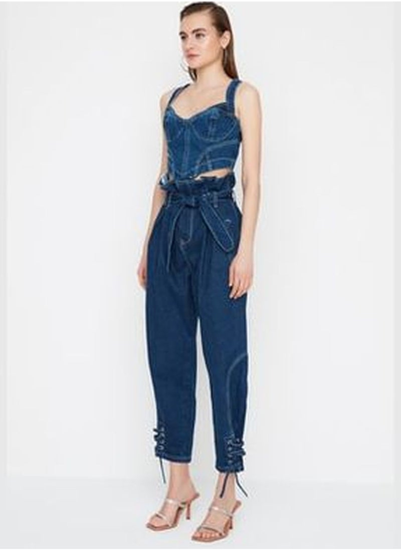 trendyol X Sagaza Studio Navy Blue Belted Ruffle Detailed Jeans TPRAW22PL0596  - Image 4