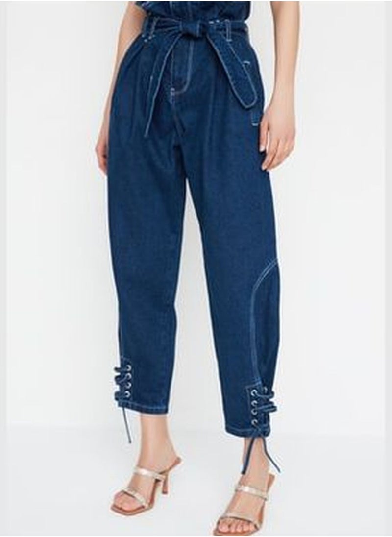trendyol X Sagaza Studio Navy Blue Belted Ruffle Detailed Jeans TPRAW22PL0596  - Image 5