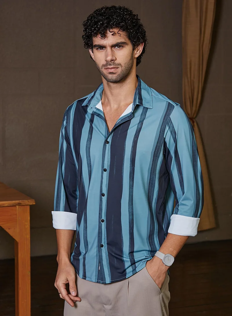Campus Sutra Men's Sea Green & Navy Blue Brushstroke Pattern Shirt
