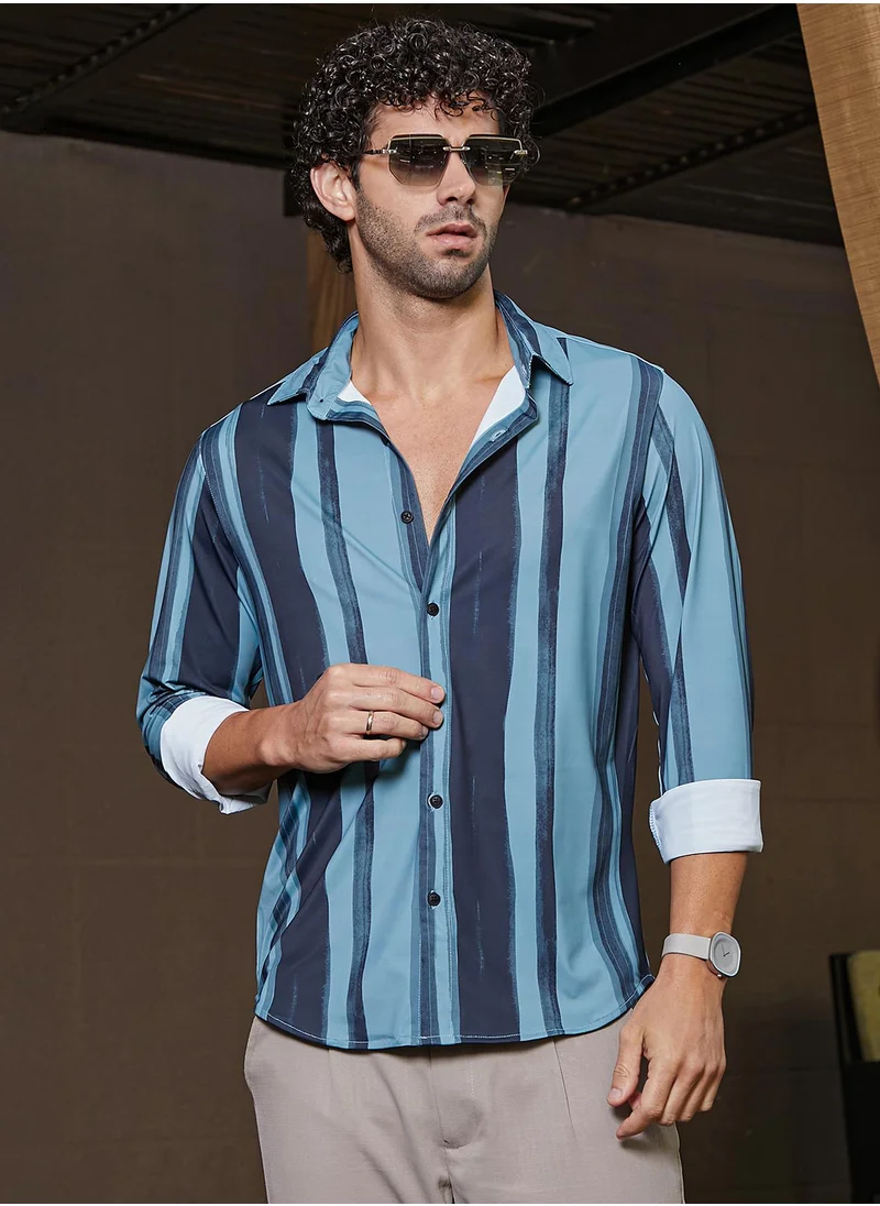 كامبوس سوترا Men's Sea Green & Navy Blue Brushstroke Pattern Shirt
