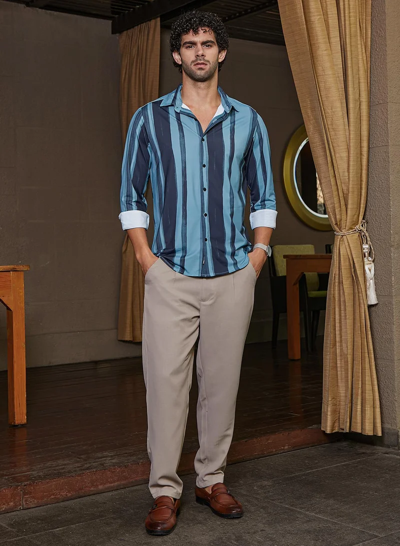 Campus Sutra Men's Sea Green & Navy Blue Brushstroke Pattern Shirt