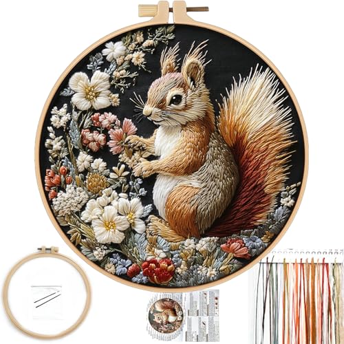 FONNUY Funny Squirrel Floral Embroidery Kit Cross Stitch Kits for Beginners Handmade Crafts with Printed Patterns for Beginner Adults Easy to Follow Color Thread Needlework 8 Hoop Clever - Image 1
