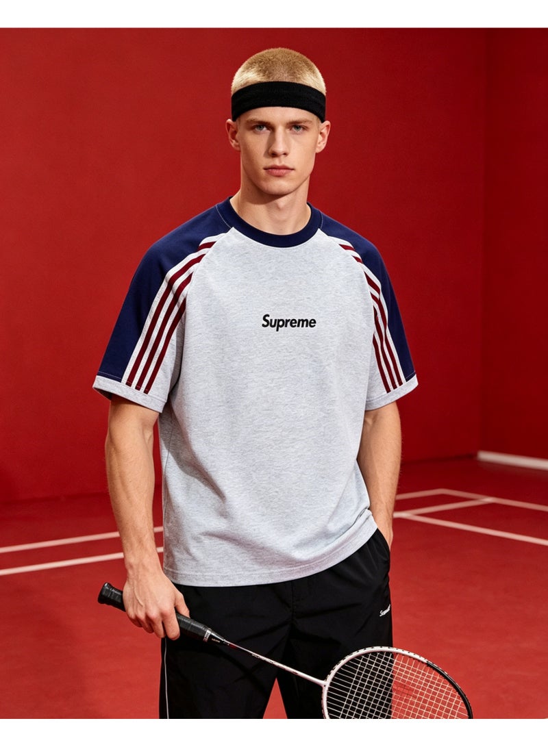 SUPREME American campus contrast color three-bar raglan sleeves heavy cotton loose meat cover men and women tide brand T-shirts - Image 1