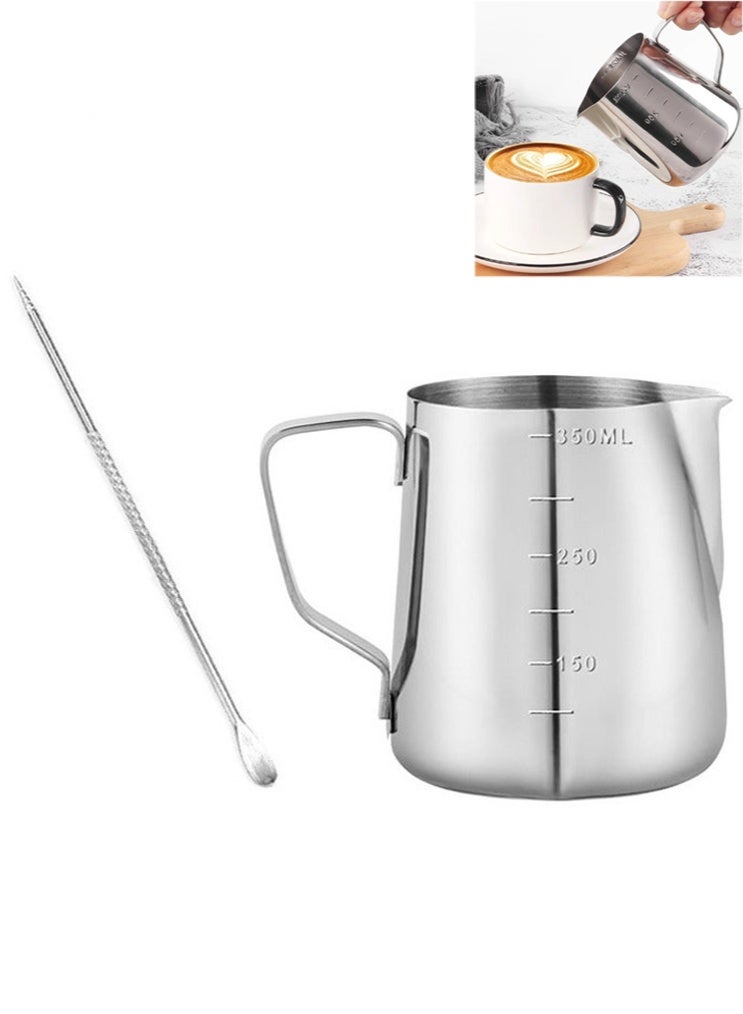 Forest Home Milk Frothing Pitcher 350ml Stainless Steel with Scale Lines and Latte Art Pen for Coffee Barista Home Use Daily Frothing and Latte Art - Image 1