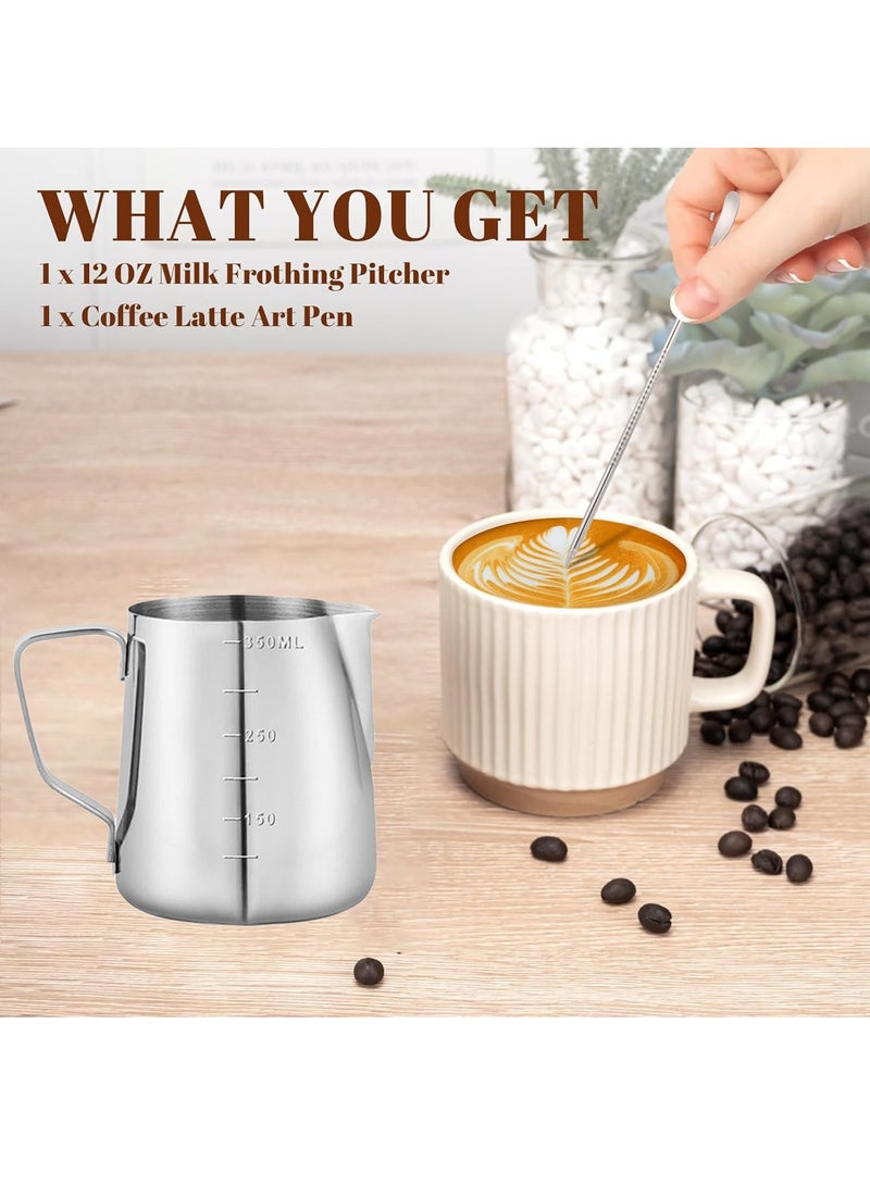 Forest Home Milk Frothing Pitcher 350ml Stainless Steel with Scale Lines and Latte Art Pen for Coffee Barista Home Use Daily Frothing and Latte Art - Image 2