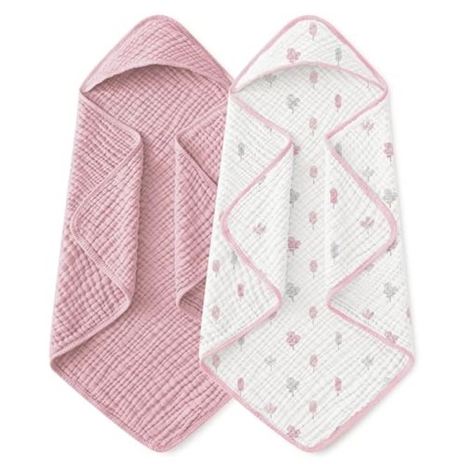 Yoofoss Hooded Baby Bath Towels 2 Pack - 100% Muslin Organic Cotton, Soft & Absorbent for Newborn, Babies, Toddlers, 32x32 Inch, Beige & Coffee