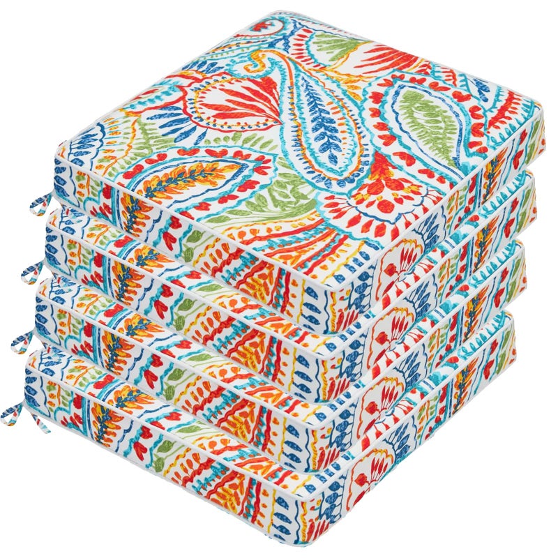 JMGBird Outdoor Chair Cushions Set of 4 - Waterproof Patio Seat Cushions 19x19 Inch with Ties, Paisley Pattern High Density Foam Square Cushions for Garden Furniture - Image 1