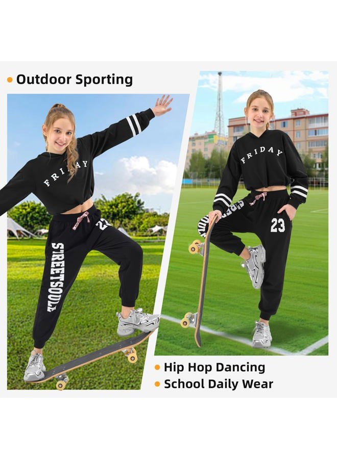 LOLANTA Kids 2 Piece Outfits Long Sleeve Cropped Sweatshirt Letter Print Hoodie And Sweatpants Set for Girls, All Black, 10-12 - Image 3