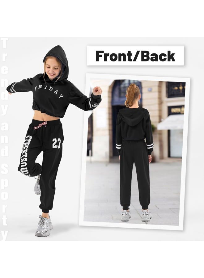 LOLANTA Kids 2 Piece Outfits Long Sleeve Cropped Sweatshirt Letter Print Hoodie And Sweatpants Set for Girls, All Black, 10-12 - Image 2