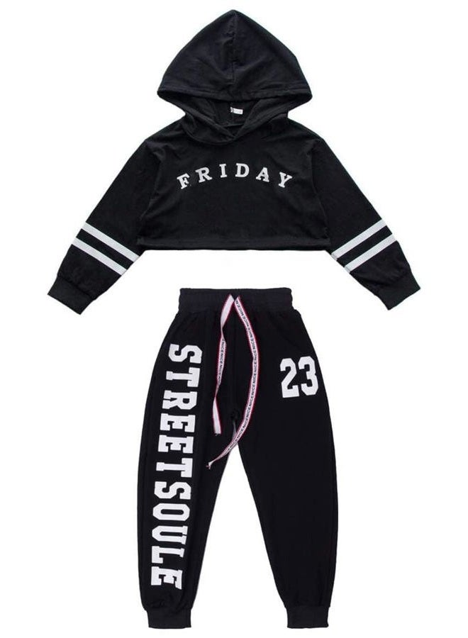 LOLANTA Kids 2 Piece Outfits Long Sleeve Cropped Sweatshirt Letter Print Hoodie And Sweatpants Set for Girls, All Black, 10-12 - Image 1