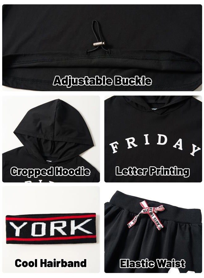 LOLANTA Kids 2 Piece Outfits Long Sleeve Cropped Sweatshirt Letter Print Hoodie And Sweatpants Set for Girls, All Black, 10-12 - Image 4