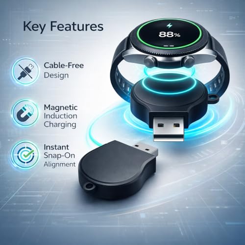 Mizi Portable Samsung Galaxy Watch 7/6/5/4/3 Charger USB Travel Cordless Wireless Charger Keychain for Samsung Galaxy 4 Classic Watch 3 Active Active 2 Gear S3 - Black - Image 3