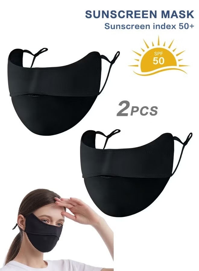 2 Pack Black Sunscreen Mask 50+ SPF, UV Protection, Breathable, Reusable, Anti-UV, Lightweight Face Shield for Outdoor Activities, Travel, and Daily Use - Image 1
