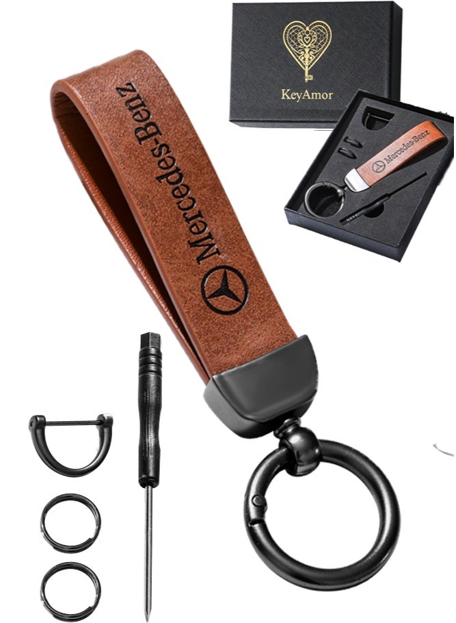 KeyAmor Luxurious Leather & Metal Keychain Mercedes Benz keychain – light brown Edition with Elegant light brown metal and leather keychain car key holder for adults. Stylish car keychain with 3 key rings, featuring the iconic logo, perfect as a fancy gift or car accessory. Designed in a sleek light brown colour for a refined and modern look, it offers 360-degree rotation for added convenience, is suitable for both men and women, and comes beautifully packaged in a fancy gift box. - Image 1