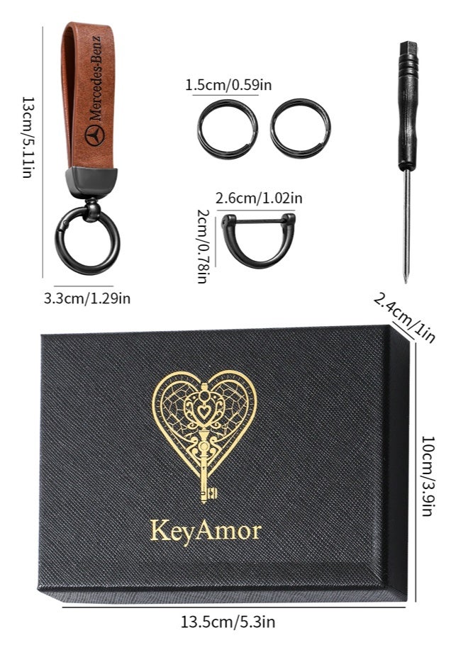 KeyAmor Luxurious Leather & Metal Keychain Mercedes Benz keychain – light brown Edition with Elegant light brown metal and leather keychain car key holder for adults. Stylish car keychain with 3 key rings, featuring the iconic logo, perfect as a fancy gift or car accessory. Designed in a sleek light brown colour for a refined and modern look, it offers 360-degree rotation for added convenience, is suitable for both men and women, and comes beautifully packaged in a fancy gift box. - Image 2