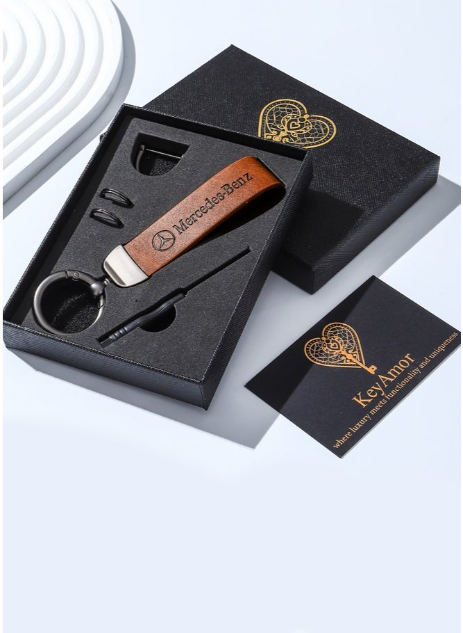 KeyAmor Luxurious Leather & Metal Keychain Mercedes Benz keychain – light brown Edition with Elegant light brown metal and leather keychain car key holder for adults. Stylish car keychain with 3 key rings, featuring the iconic logo, perfect as a fancy gift or car accessory. Designed in a sleek light brown colour for a refined and modern look, it offers 360-degree rotation for added convenience, is suitable for both men and women, and comes beautifully packaged in a fancy gift box. - Image 5