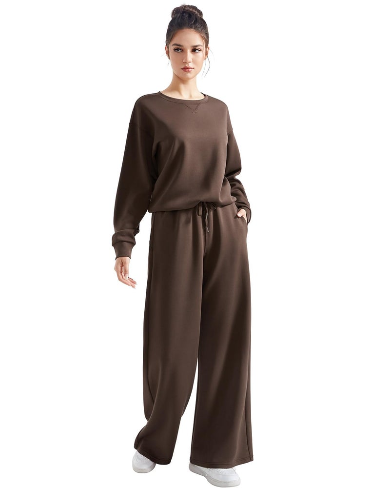 SUUKSESS Women Modal 2 piece outfits Oversized Sweatshirt Fall Lounge Set Wide Leg Pants Matching Sets (Brown,M) - Image 5