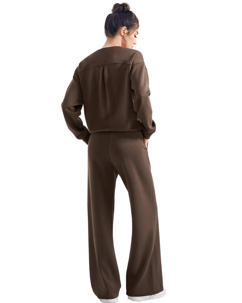 SUUKSESS Women Modal 2 piece outfits Oversized Sweatshirt Fall Lounge Set Wide Leg Pants Matching Sets (Brown,M) - Image 3