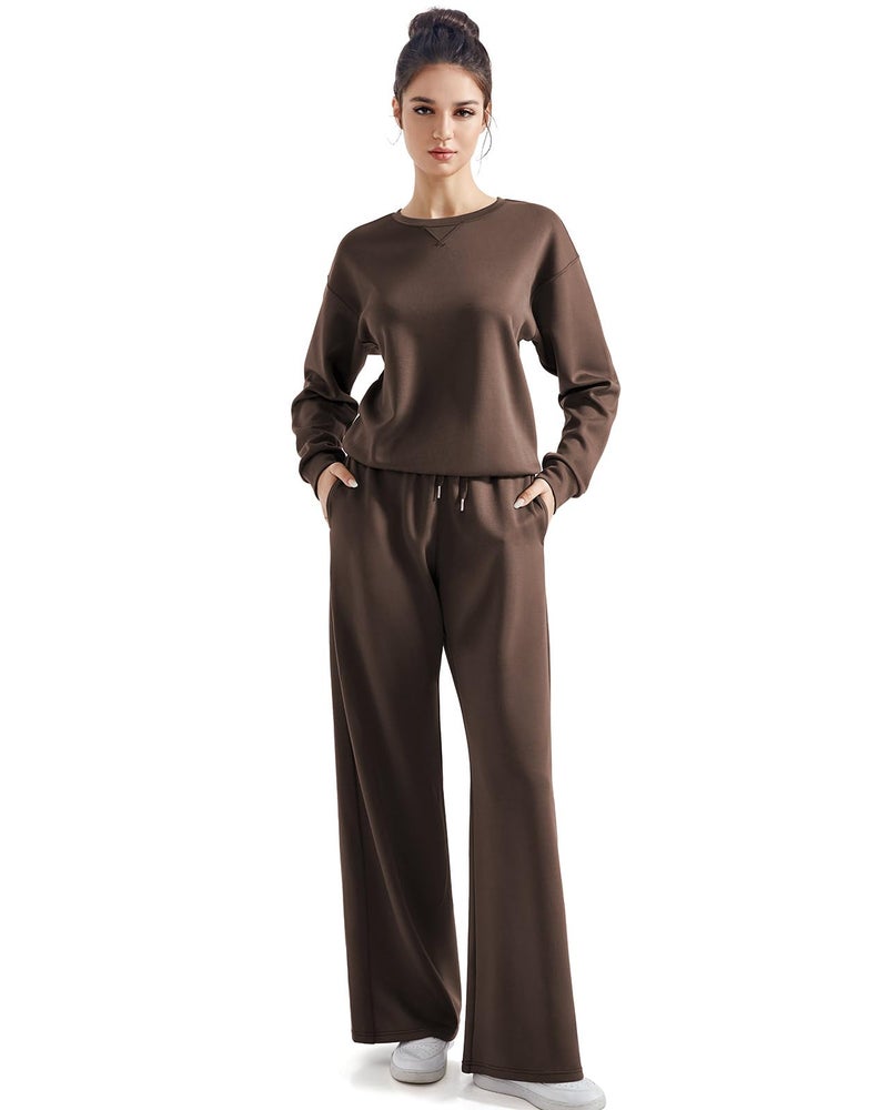 SUUKSESS Women Modal 2 piece outfits Oversized Sweatshirt Fall Lounge Set Wide Leg Pants Matching Sets (Brown,M) - Image 1