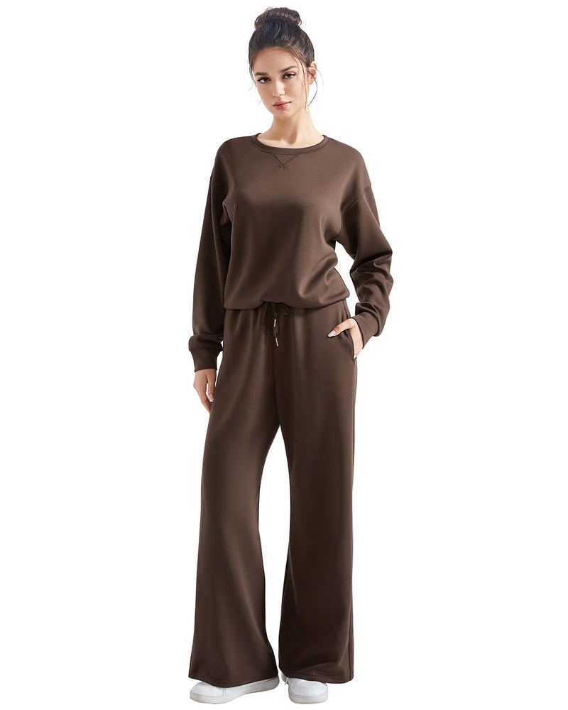 SUUKSESS Women Modal 2 piece outfits Oversized Sweatshirt Fall Lounge Set Wide Leg Pants Matching Sets (Brown,M) - Image 4