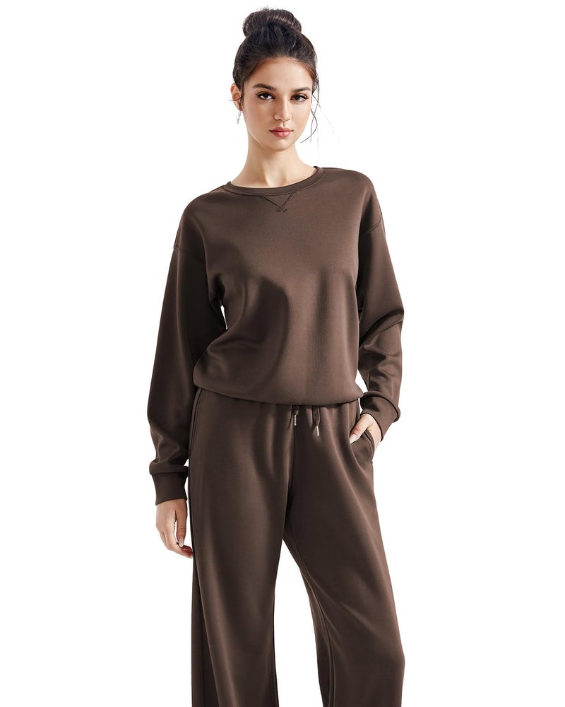 SUUKSESS Women Modal 2 piece outfits Oversized Sweatshirt Fall Lounge Set Wide Leg Pants Matching Sets (Brown,M) - Image 2