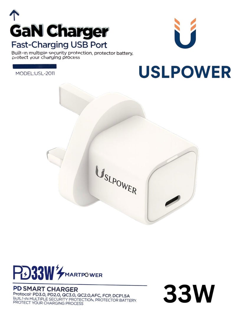 USLPOWER Power Adaptor 33W GaN Fast Charger USB-C PD Wall Charger, Type-C Fast  Charging Adapter for IPHONE 17/16/15 Samsung Galaxy, Xiaomi, ipad Android Phone - Image 1