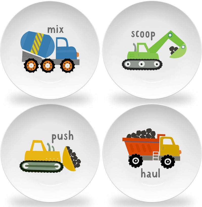 Tiny Expressions - Construction Plates for Toddlers - Set of 4 Melamine Plates for Kids - Excavator, Cement Mixer, Bulldozer, and Dump Truck - Fun Plastic Dinnerware for Kids - Image 1