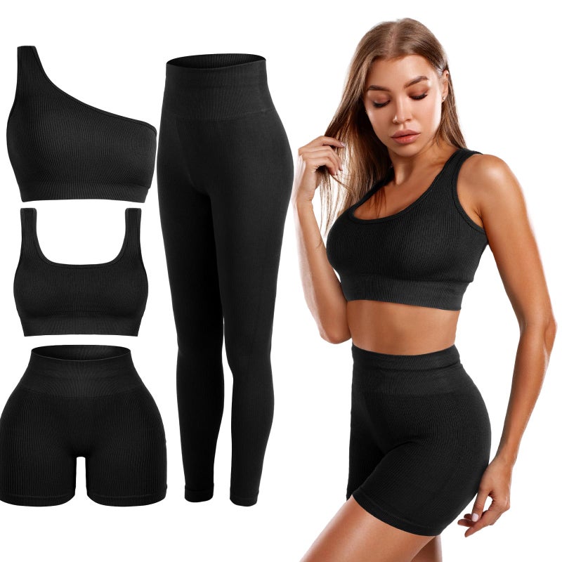 Floraltop 4 Pcs Womens Workout Sets Pilates Exercise Outfit Ribbed Scoop Neck Sports Bra Shorts Leggings Gym Clothes Set BlackSmall - Image 2