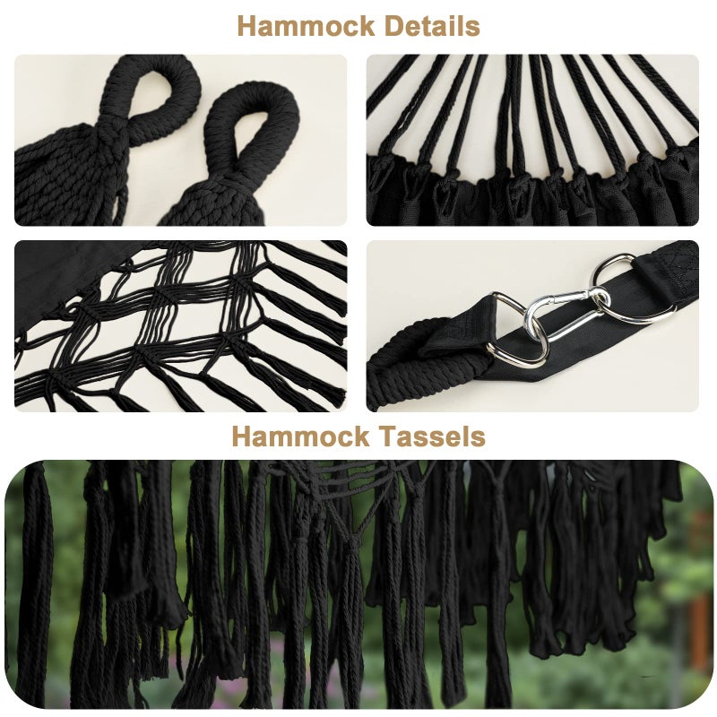 Bellzacasa Double Hammock, Heavy Duty 500 lb Load Capacity Tassels and Fishtail Knitting with Mounting Straps for Outdoor Camping Patio Balcony Black - Image 3