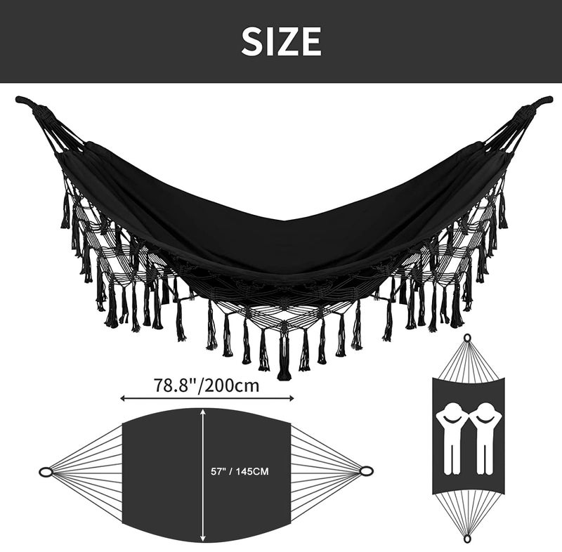 Bellzacasa Double Hammock, Heavy Duty 500 lb Load Capacity Tassels and Fishtail Knitting with Mounting Straps for Outdoor Camping Patio Balcony Black - Image 2