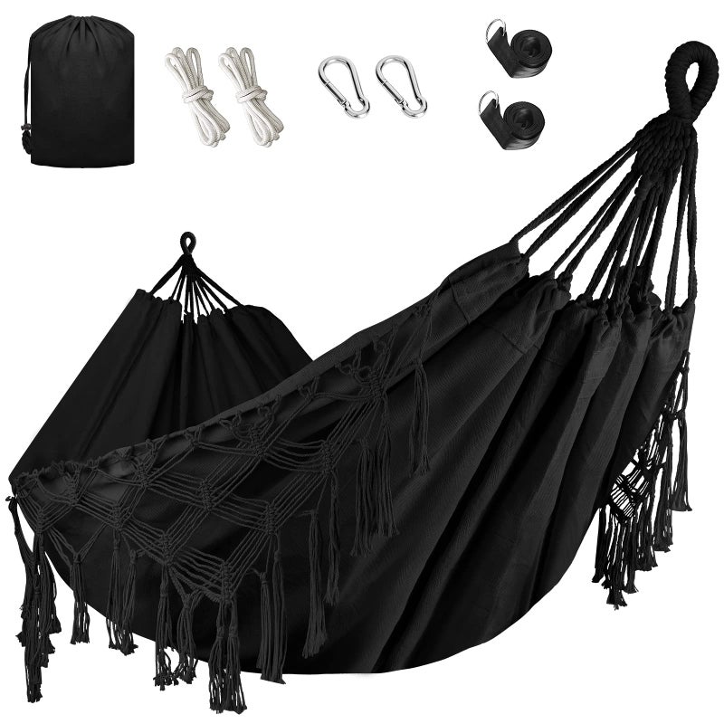 Bellzacasa Double Hammock, Heavy Duty 500 lb Load Capacity Tassels and Fishtail Knitting with Mounting Straps for Outdoor Camping Patio Balcony Black - Image 1