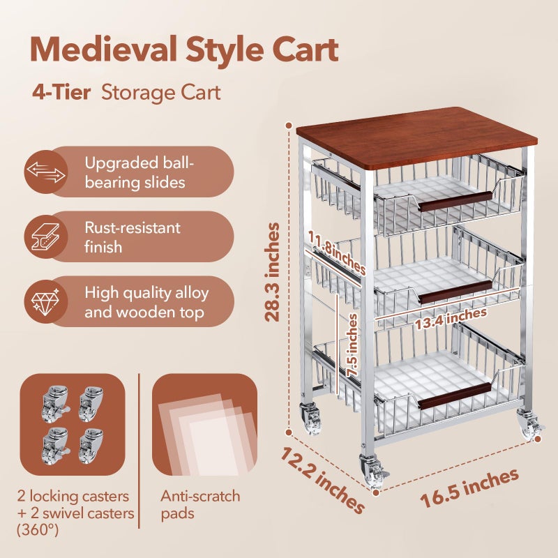 May Eileen 4-Tier Slim Rolling Fruit & Vegetable Storage Cart with Removable Baskets, Narrow Metal Kitchen Organizer Cart on Wheels, Fruit Basket Stand & Fruteros para Cocina, Pantry Cart for Storage - Image 2