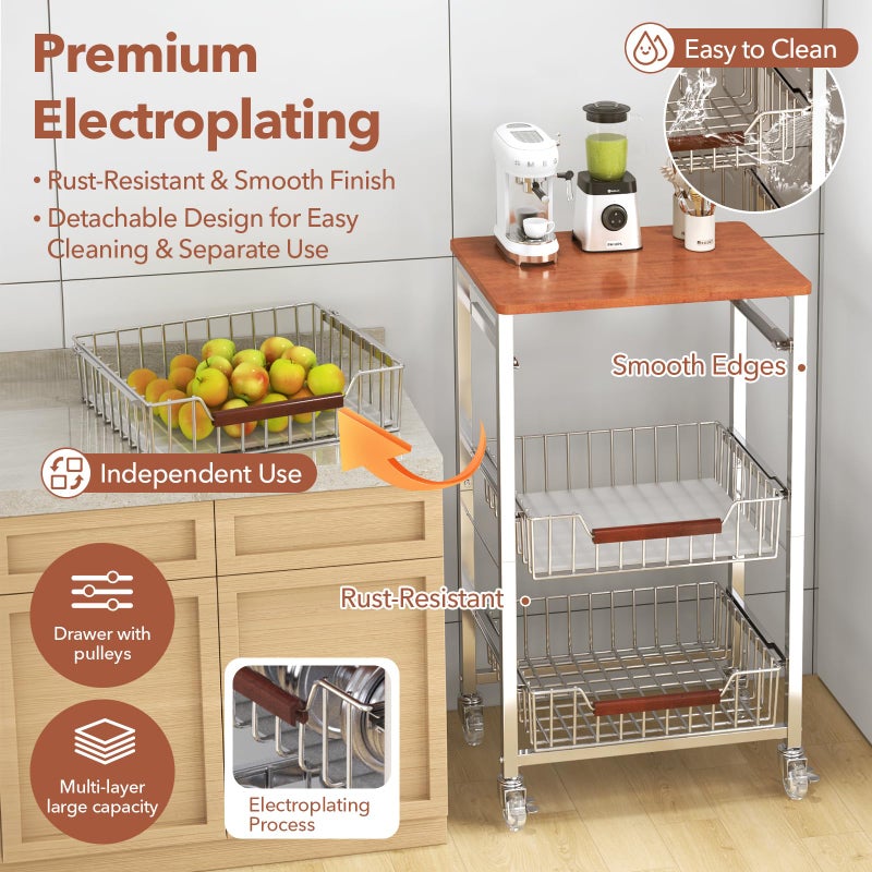 May Eileen 4-Tier Slim Rolling Fruit & Vegetable Storage Cart with Removable Baskets, Narrow Metal Kitchen Organizer Cart on Wheels, Fruit Basket Stand & Fruteros para Cocina, Pantry Cart for Storage - Image 3