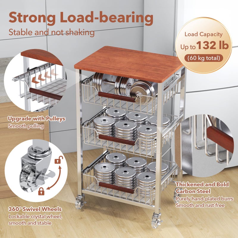 May Eileen 4-Tier Slim Rolling Fruit & Vegetable Storage Cart with Removable Baskets, Narrow Metal Kitchen Organizer Cart on Wheels, Fruit Basket Stand & Fruteros para Cocina, Pantry Cart for Storage - Image 5