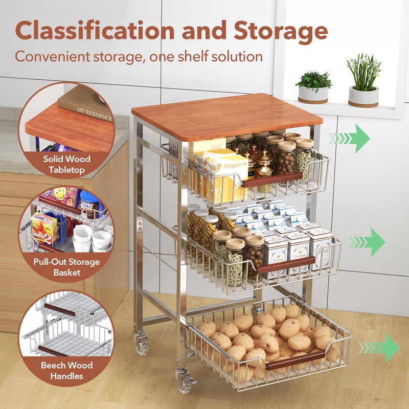 May Eileen 4-Tier Slim Rolling Fruit & Vegetable Storage Cart with Removable Baskets, Narrow Metal Kitchen Organizer Cart on Wheels, Fruit Basket Stand & Fruteros para Cocina, Pantry Cart for Storage - Image 4