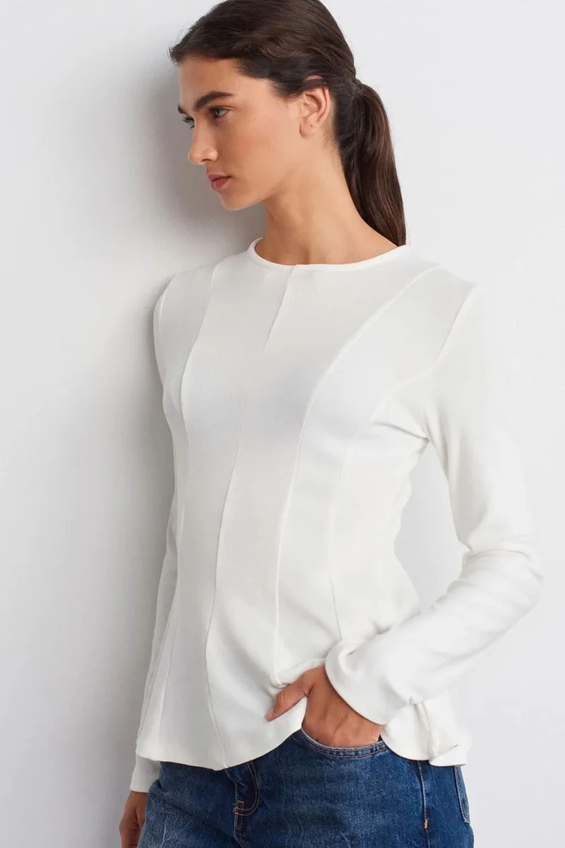 Dilvin White DILVIN Fitted Textured Knit Peplum Blouse for Women | Best Price UAE