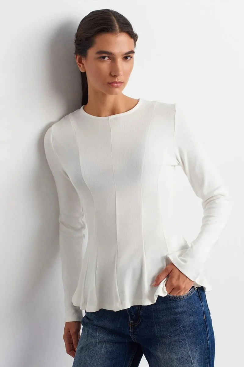 DILVIN Fitted Textured Knit Peplum Blouse