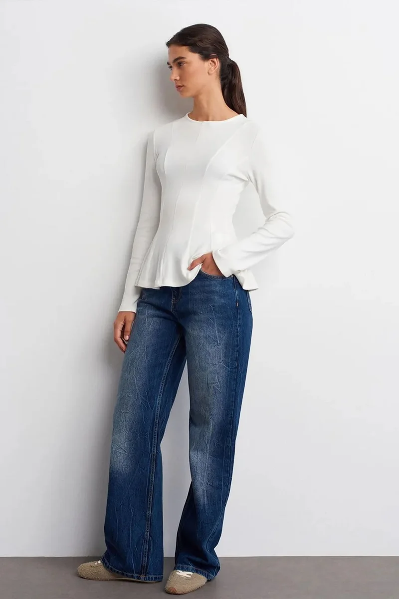 Dilvin White DILVIN Fitted Textured Knit Peplum Blouse for Women | Best Price UAE