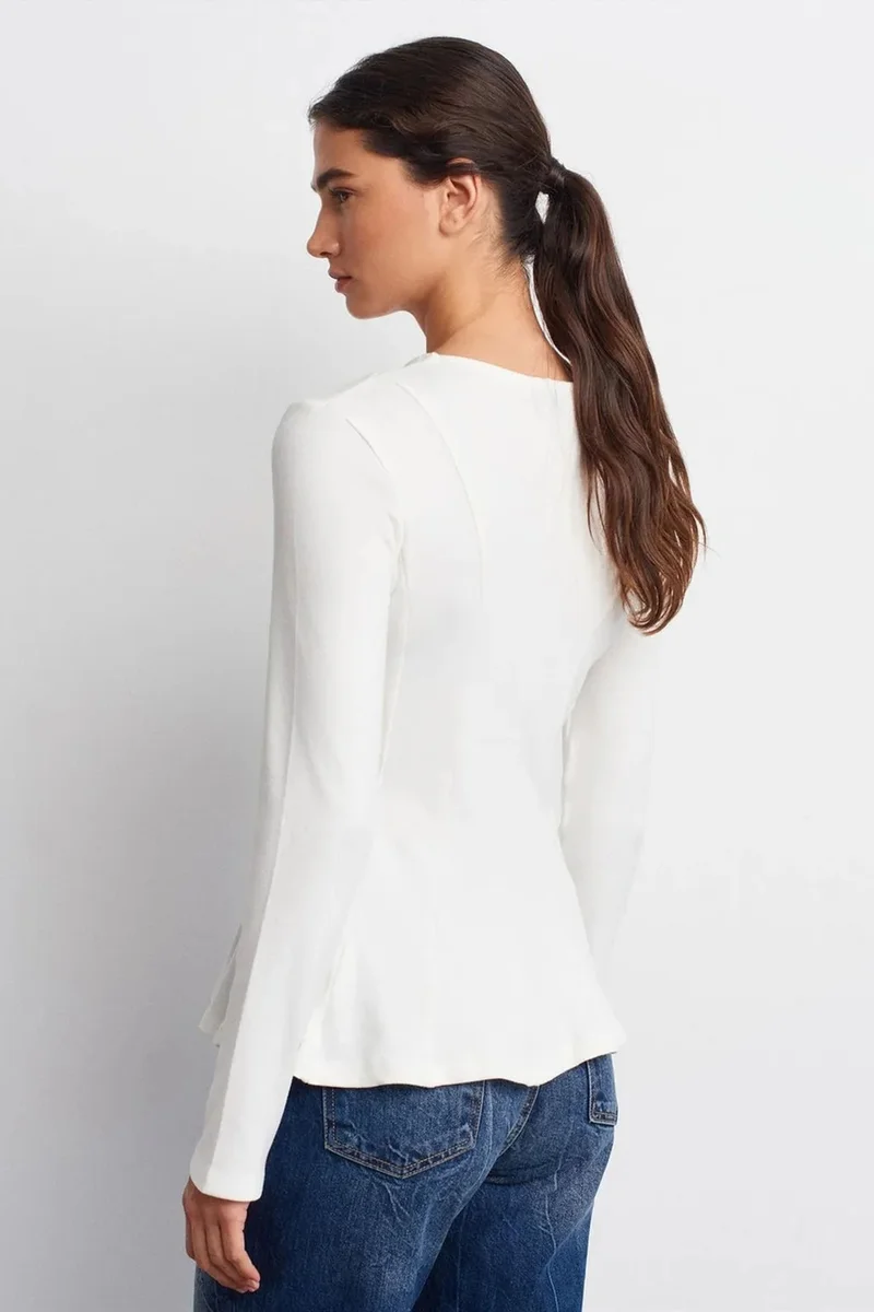 Dilvin White DILVIN Fitted Textured Knit Peplum Blouse for Women | Best Price UAE