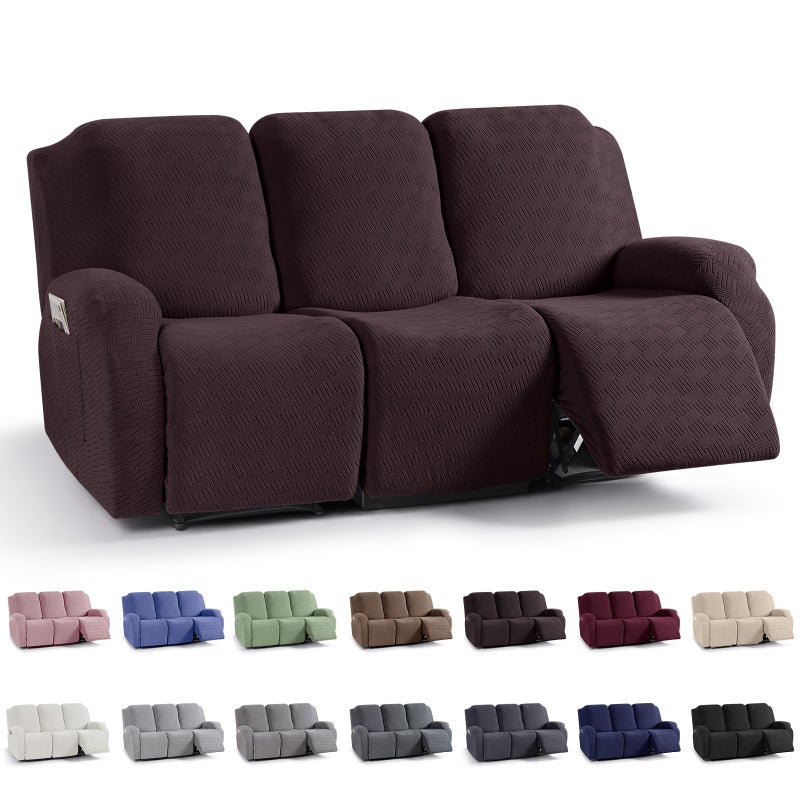 KinCam Recliner Covers Stretch Reclining Chair Covers Recliner Sofa Slipcovers Stripe Jacquard Recliner Couch Covers Furniture Protector Covers for Pet Kid 3 Seater Dark Coffee