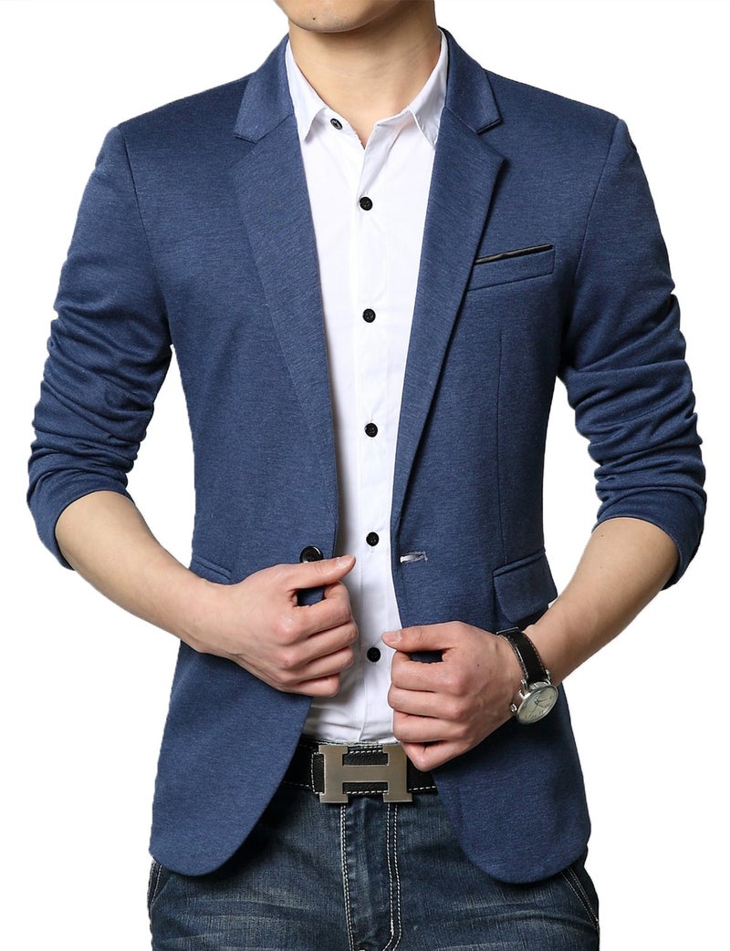 DAVIDANN Mens Casual Fit One Button Center Vent Blazer JacketBlue 3625Medium